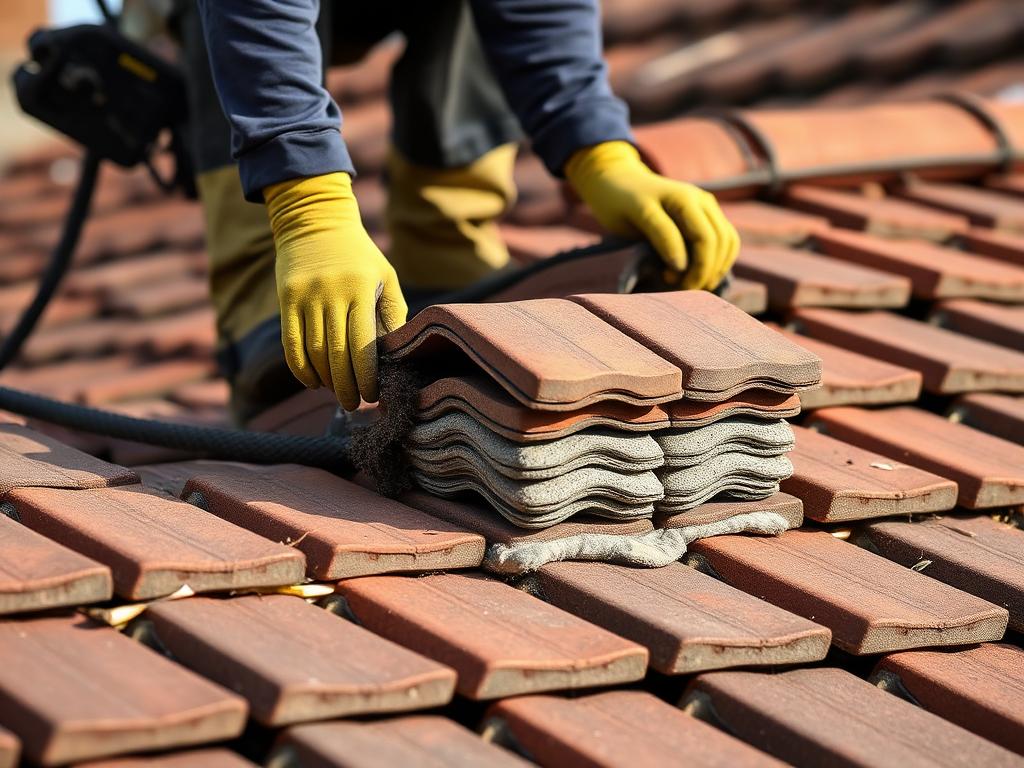 Roofer replacing clay roof tiles