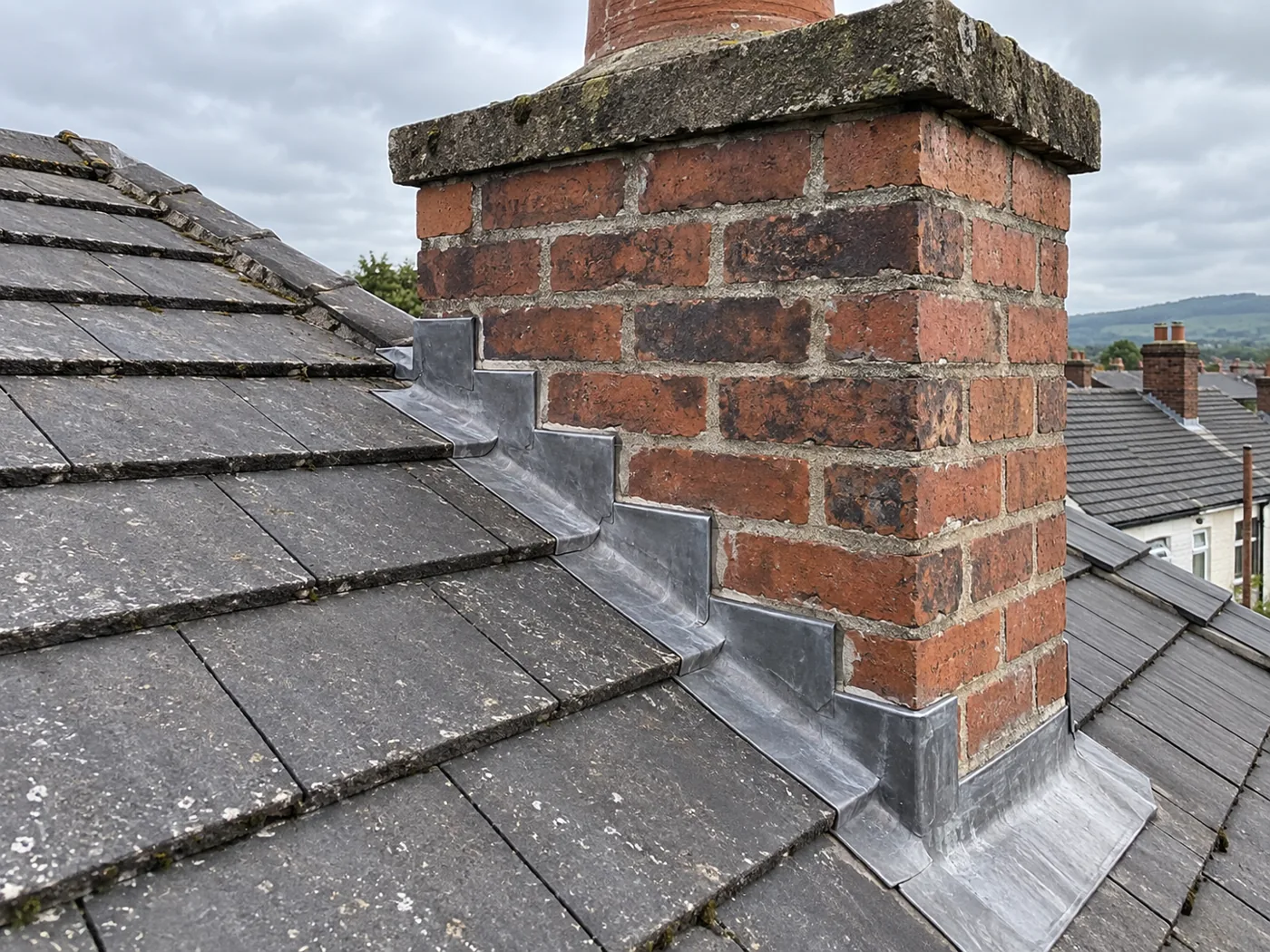 Brick chimney with finished stepped lead flashing on a slate roof
